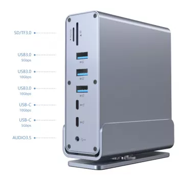 Gembird 15-in-1 USB Type-C kelių prievadų adapteris A-CF-COMBO15-01 — USB 3.2 Gen 2, 4× Type-C, 2× HDMI, DisplayPort, PD 3.0, SD kortelių skaitytuvas, Gigabit LAN, 3,5 mm garsas, pilka