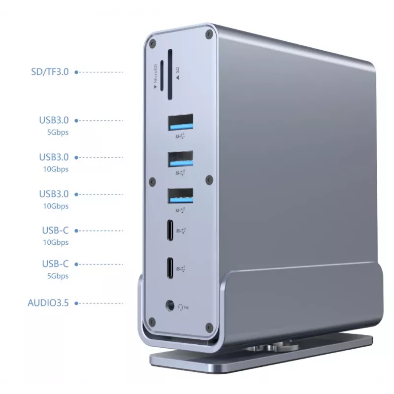 Gembird 15-in-1 USB Type-C kelių prievadų adapteris A-CF-COMBO15-01 — USB 3.2 Gen 2, 4× Type-C, 2× HDMI, DisplayPort, PD 3.0, SD kortelių skaitytuvas, Gigabit LAN, 3,5 mm garsas, pilka