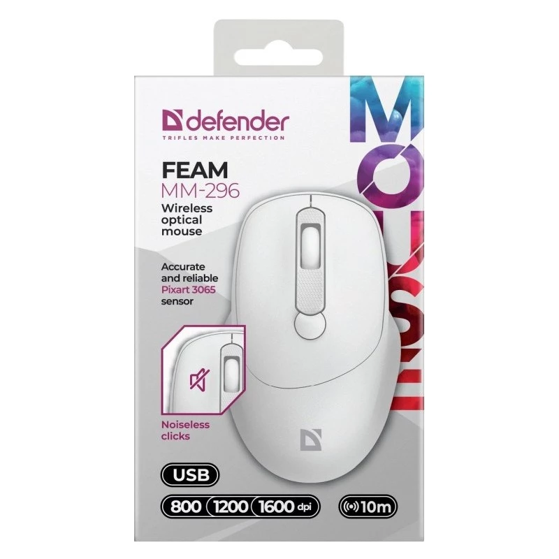 Belaidė pelė DEFENDER 52297 Silent Click – ambidekstrinė, 2,4 GHz nano USB, 1600 DPI, balta