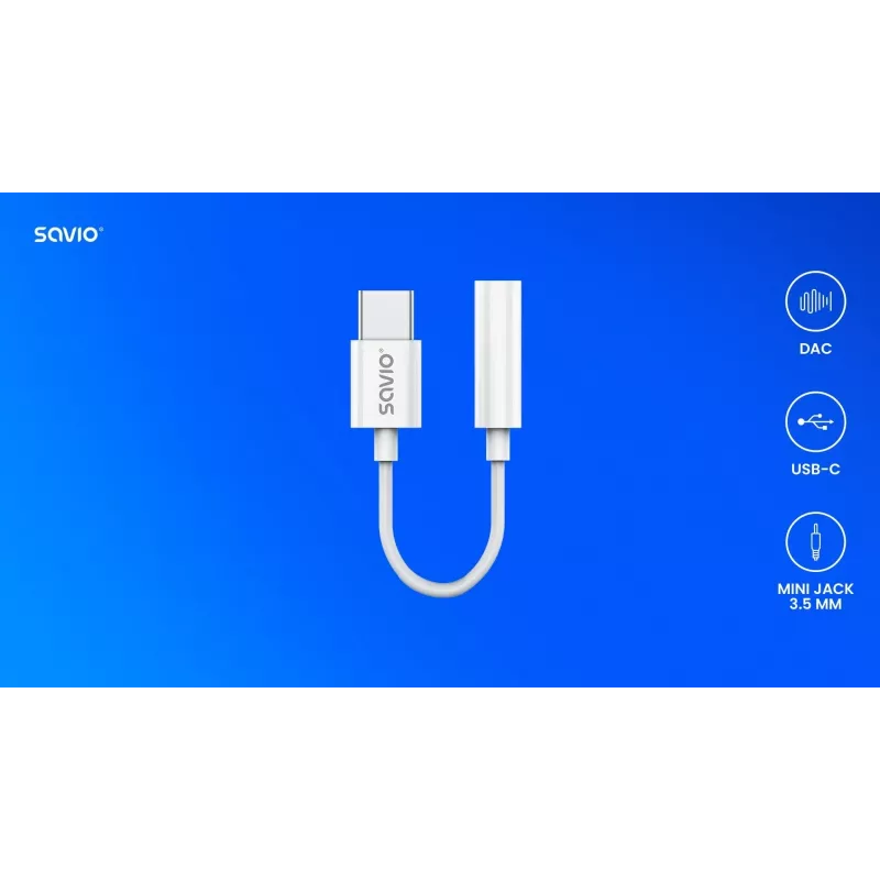 USB Type-C (M) – Jack 3,5 mm (M) garso adapteris baltas SAVIO AK-52