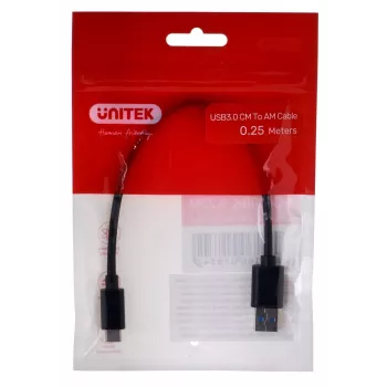 USB-C į USB-A laidas Unitek Y-C490BK 3.1 Gen1 (USB 3.0), 0,25 m, juodas, vyriškas į vyrišką