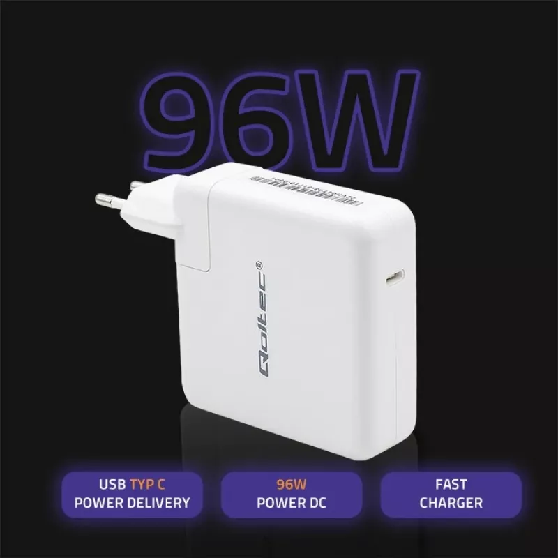 QOLTEC 51709, 96W USB-C PD įkroviklis, išėjimo diapazonas 5V–20V
