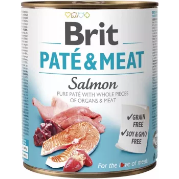 Šlapias šunų ėdalas Brit Paté & Meat with Salmon 800 g – pilnavertis konservuotas ėdalas suaugusiems šunims, vištienos skonio, be grūdų, 75% drėgmės