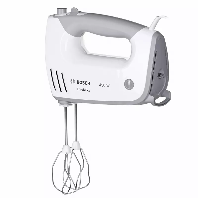 Rankinis plaktuvas Bosch MFQ36480 – 450 W, 5 greičių su turbo, pilkai baltas, plakikliai ir tešlos kabliukai