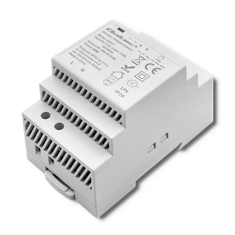 DIN bėgio maitinimo šaltinis QOLTEC 24V 2.5A 60W pilkas