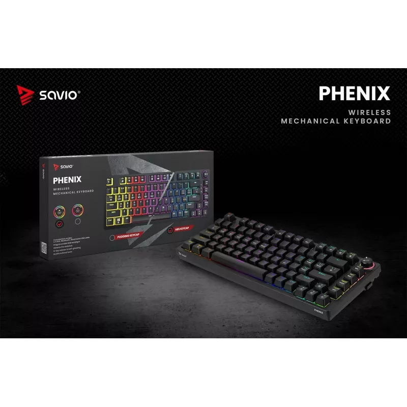Savio Phenix SAVGK-RED belaidė mechaninė klaviatūra (82 klavišai, 75 %, Gateron Pro, RGB, RF 2,4 GHz / Bluetooth / USB)