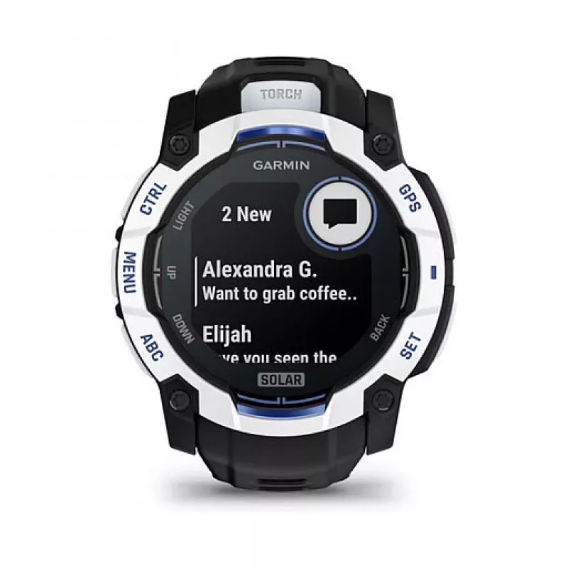 Išmanusis laikrodis GARMIN Instinct 3 3,05 cm (1,2 colio) AMOLED 45 mm 390x390 px Liečiamas ekranas Juodas Baltas GPS 4 GB 53 g Silikoninis dirželis