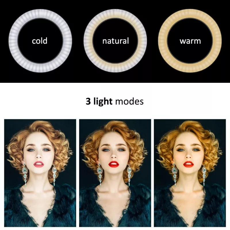Maclean MCE610 10 12W LED žiedinė šviesa su trikoju ir Bluetooth nuotolinio valdymo pulteliu, 3 spalvų režimai, 10 ryškumo lygių, 160 LED, laikiklis išmaniajam telefonui
