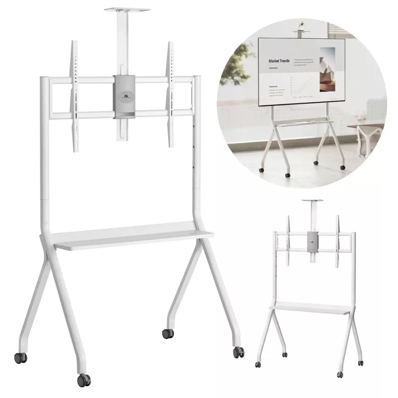 Grindinis TV stovas MACLEAN MC-114 W ekranams nuo 55 iki 100 colių, baltas, VESA iki 900x600, max apkrova 120 kg, aukštis 115–152 cm, lentyna