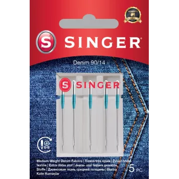 SINGER siuvimo mašinos adatos Denim 90/14, pakuotė po 5 vnt. – sunkiems audiniams (džinsas, brezentas)