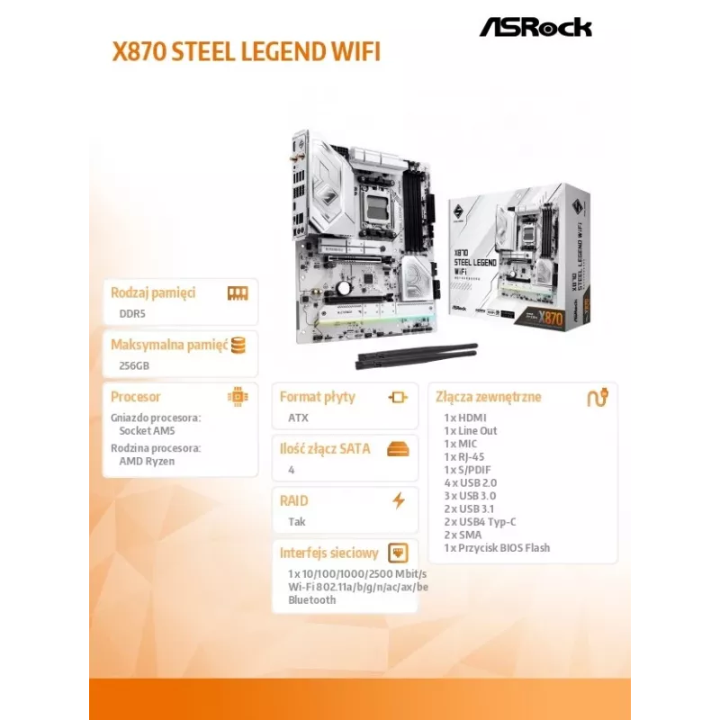 ASRock X870 Steel Legend WiFi AM5 ATX pagrindinė plokštė