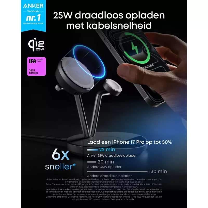 Anker Prime belaidė įkrovimo stotelė Qi2.2 25W (3-in-1, MagGo, AirCool, Dock Stovas) su maitinimo šaltiniu