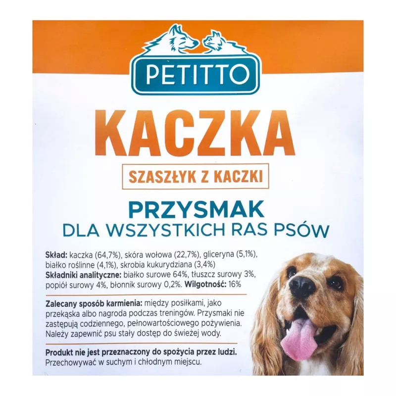Šunų skanėstai PETITTO Duck Kebab 500 g — minkšti mokymo kąsneliai su antiena