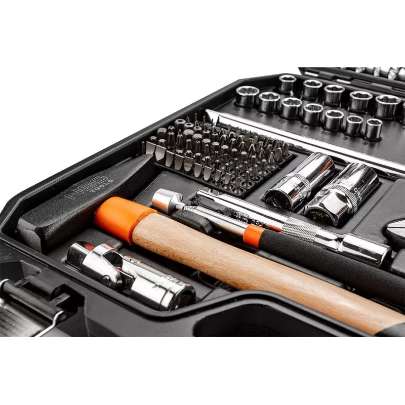 Įrankių rinkinys NEO tools 08-945 142 dalių, 1/4 inch ir 1/2 inch lizdai, su dėklu