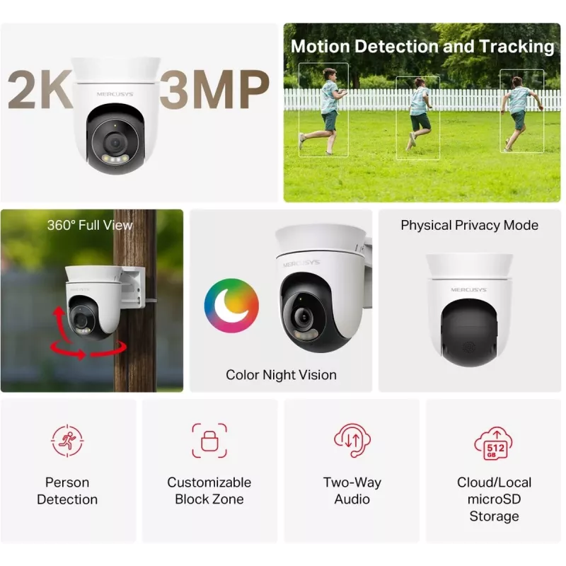 IP vaizdo stebėjimo kamera MERCUSYS MC510 kupolas 2 MP, 2304×1296, 30 kadrų/s, Wi‑Fi ir Ethernet, IR naktinis matymas, lubų montavimas, balta