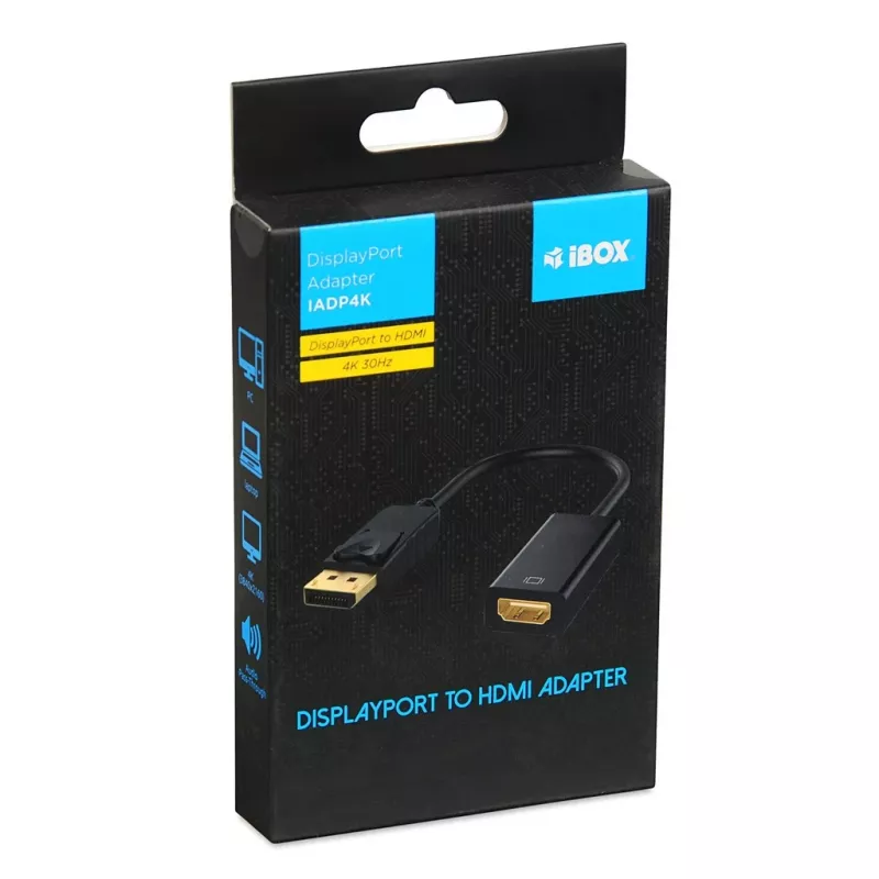 Adapteris DisplayPort į HDMI IBOX iadp4k — DisplayPort (vyriškas) į HDMI (moteriškas), tiesūs jungtys, 4K palaikymas, sidabrinis