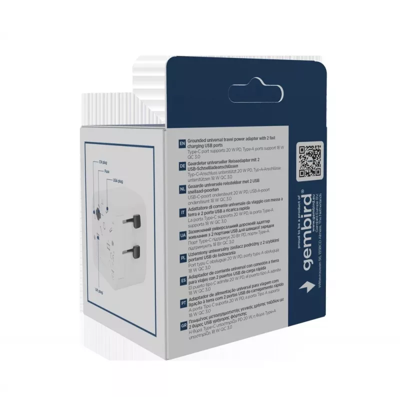 Kelioninis maitinimo adapteris GEMBIRD TPA-EU1A1C20-01-W 20W, USB-A 18W + USB-C 20W, Schuko kištukas, įėjimas 100–250V
