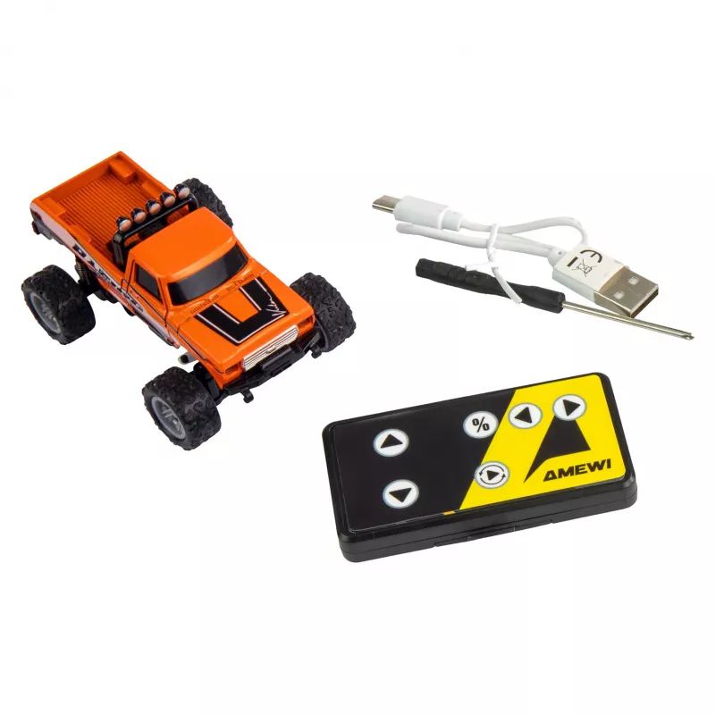 Nuotoliniu valdymu monster truck Amewi DieCast 1:64 RTR Oranžinis, liejto korpuso, paruoštas važiuoti