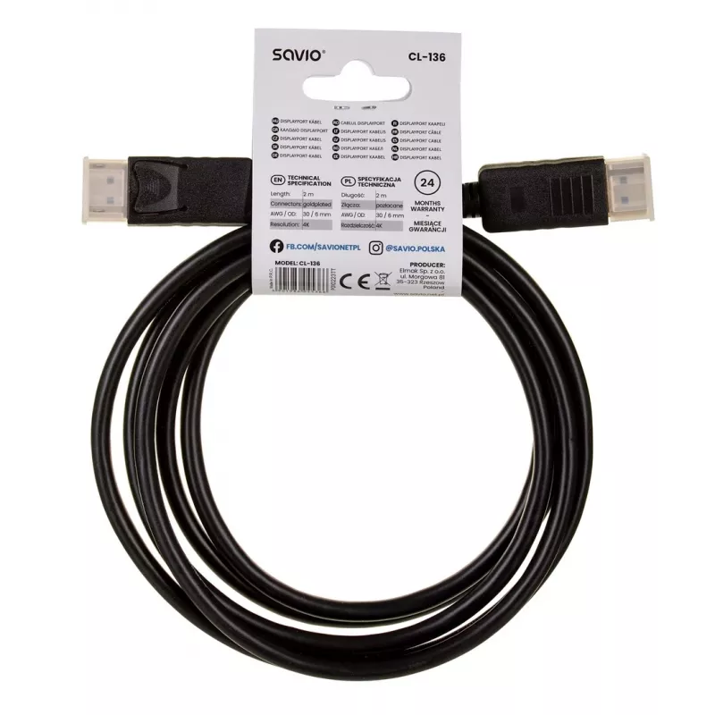 DisplayPort kabelis SAVIO CL-136, DisplayPort kištukas–kištukas, 2 m, DP 1.2, paauksuoti kontaktai, juodas