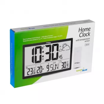 Sieninis laikrodis GreenBlue GB218 – didelis LCD ekranas, oro stotis, vidaus/lauko temperatūra, datos rodymas