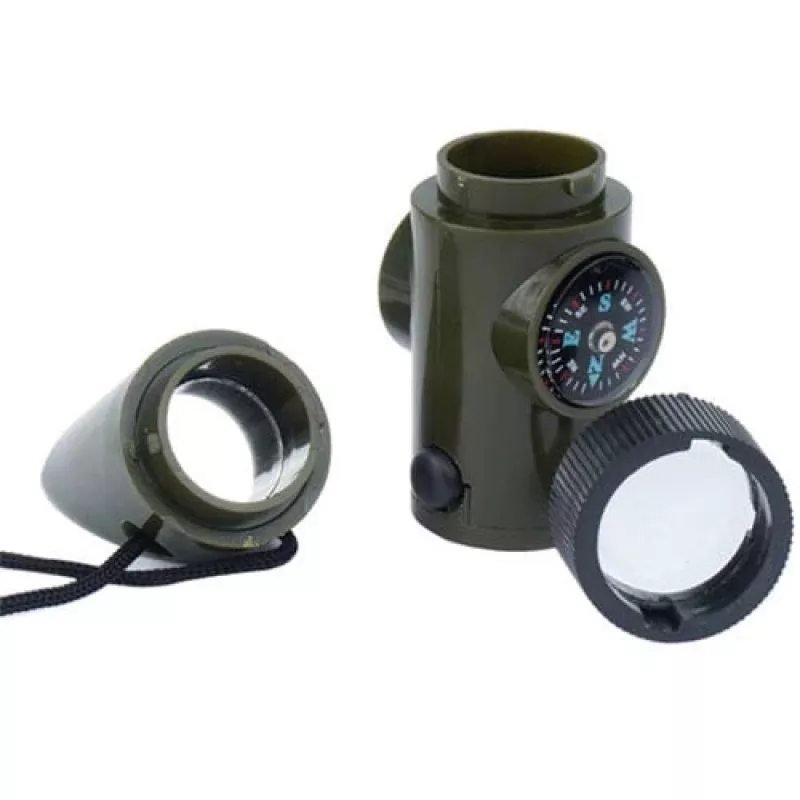 Daugiafunkcinis išgyvenimo švilpukas Mil-Tec SP.22073 — 6 viename, alyvuogių, kompasas, termometras, veidrodis, didinamasis stiklas, šviesa, 100×35×30 mm
