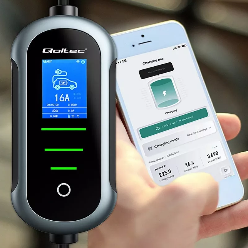 Nešiojamas elektromobilio kroviklis QOLTEC Mobile EV 2in1 Type2 11 kW 400 V Wi‑Fi TUYA SMART LIFE LCD sieninis 5 m kabelis