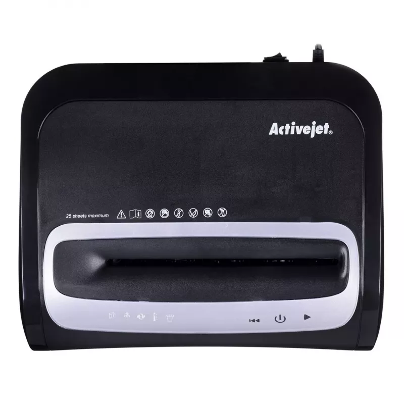 Dokumentų smulkintuvas ActiveJet ASH-2502C — kryžminis pjovimas P-4, 25 lapų, 4x40 mm, 28 l krepšys, 22,8 cm padavimas, 30 min darbas