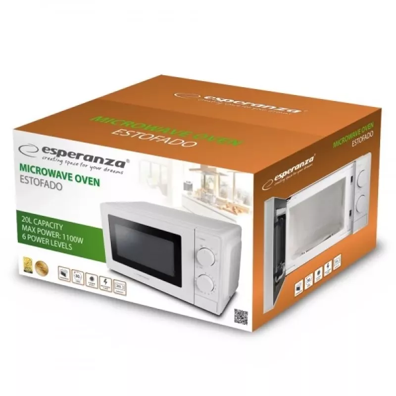 Mikrobangų krosnelė ESPERANZA ESTOFADO – 700 W, 20 L, 5 galingumo lygių, 24,5 cm sukamoji lėkštė, balta