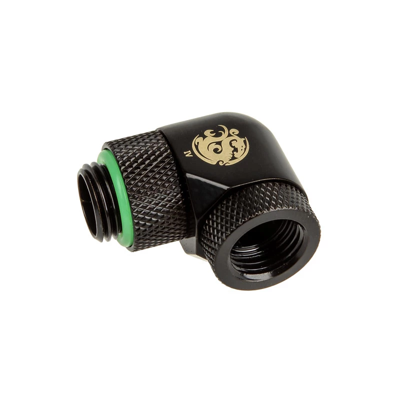 Adapteris 90° BitsPower BP-MB90R2LD G1/4 colio vyras į G1/4 colio moterį, 2x sukamos jungtys