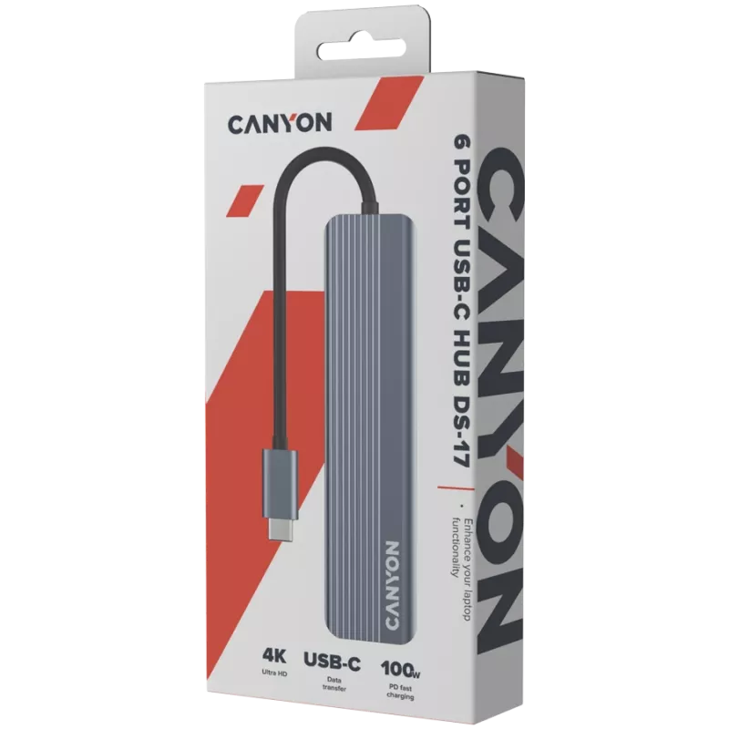 USB Type-C stotelė CANYON DS-17 – HDMI, USB 3.2 Gen 1 A, USB-C, MicroSD, 10000 Mbit/s, pilka