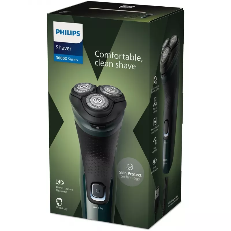 Elektrinis rotacinis skustuvas Philips 3000X Series X3002/00 – 3 galvutės, šlapiam ir sausam skutimuisi, įkraunamas, NiMH baterija, 40 min veikimo