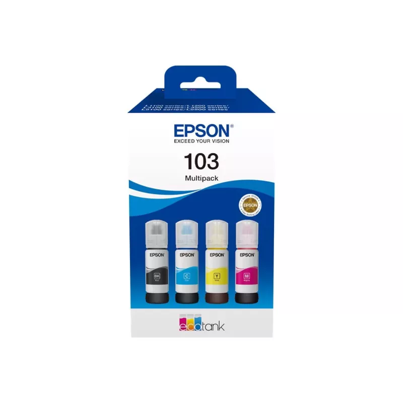 Originalių Epson EcoTank 103 rašalų pakuotė – 4 spalvų rinkinys (Juoda, Cyan, Magenta, Geltona), Juoda 4500 p., Spalvota 7500 p.