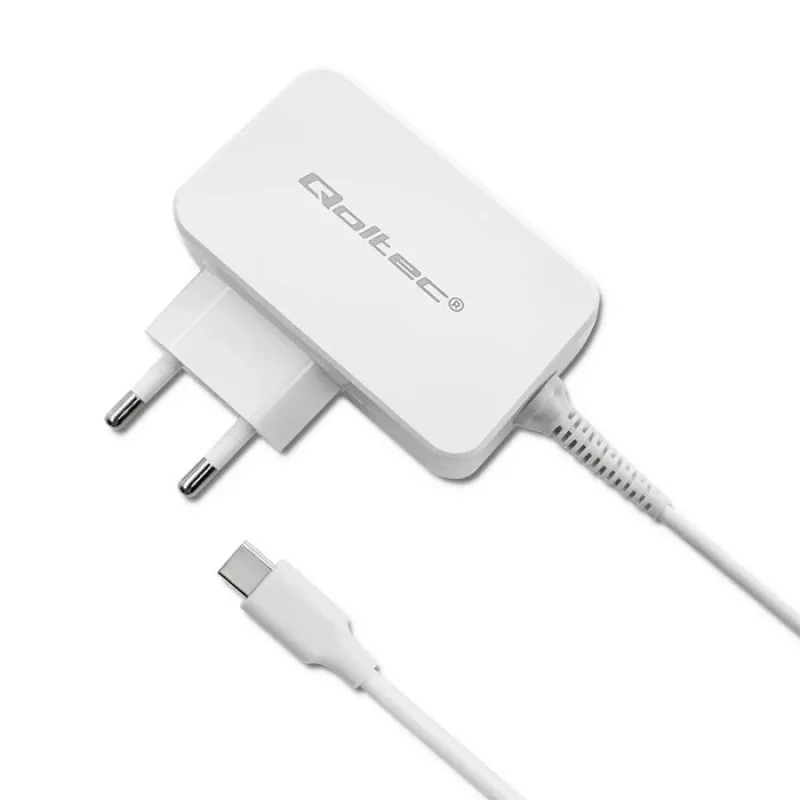 Qoltec 51039 65 W USB-C PD maitinimo adapteris, 5–20,3 V, 2–3,25 A, integruotas USB-C laidas, baltas