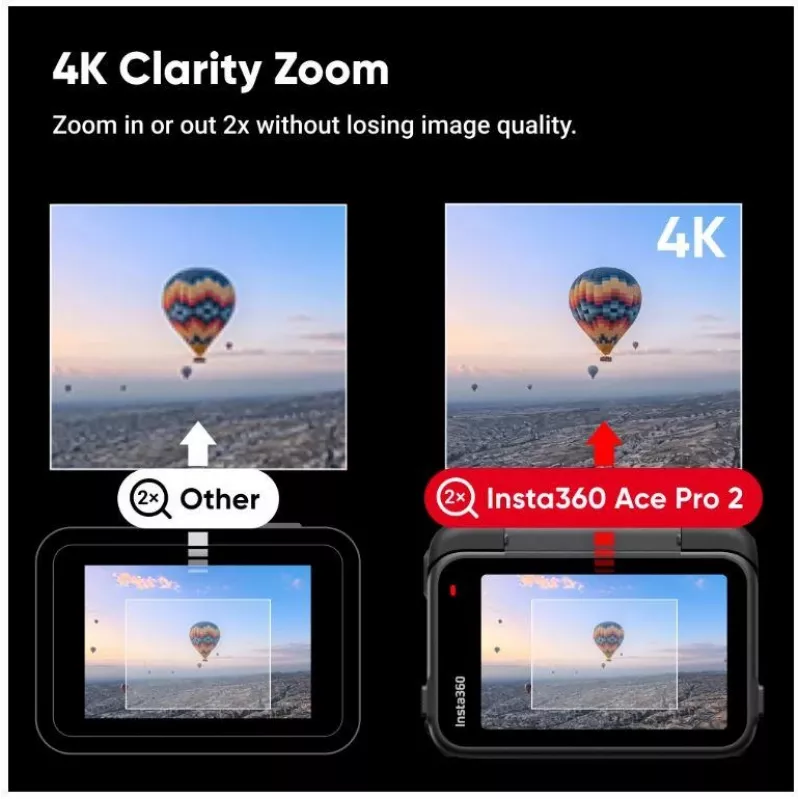 Veiksmo kamera Insta360 Ace Pro 2 – 50 MP, 8K itin didelė raiška (7680×3272), 1/1,3 colio sensorius, iki 240 kadrų/s, įmontuotas ekranas, Wi‑Fi, MicroSD, 177,7 g, Juoda