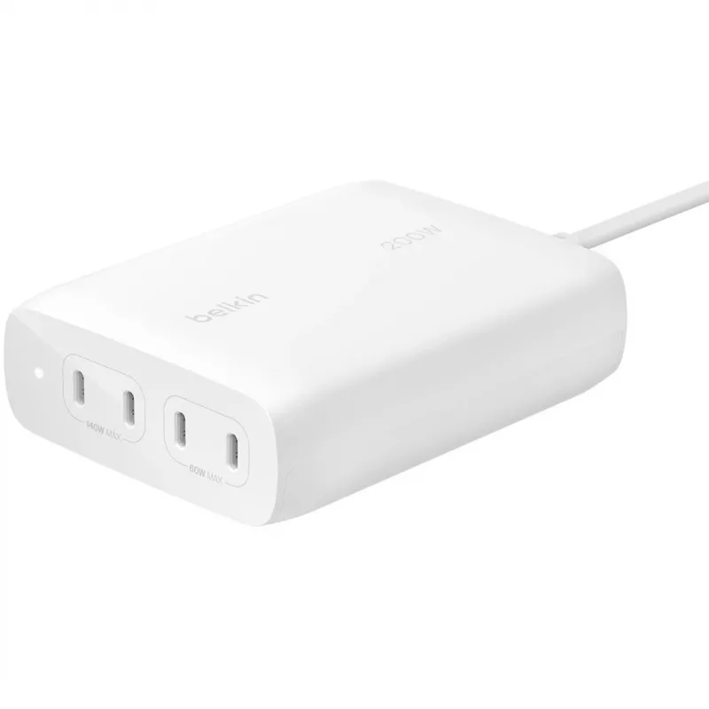Belkin BoostCharge Pro 200 W 4 prievadų USB-C GaN kroviklis į rozetę, baltas (WCH015VFWH)