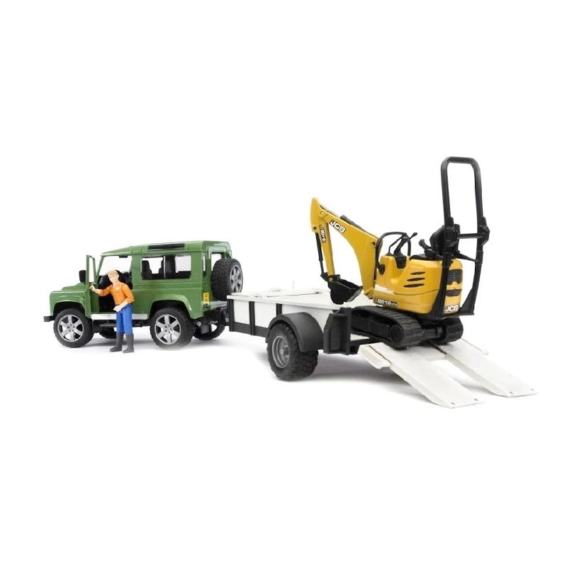 Žaislinis automobilis BRUDER Land Rover Defender su priekaba ir ekskavatoriumi JCB 8010 CTS