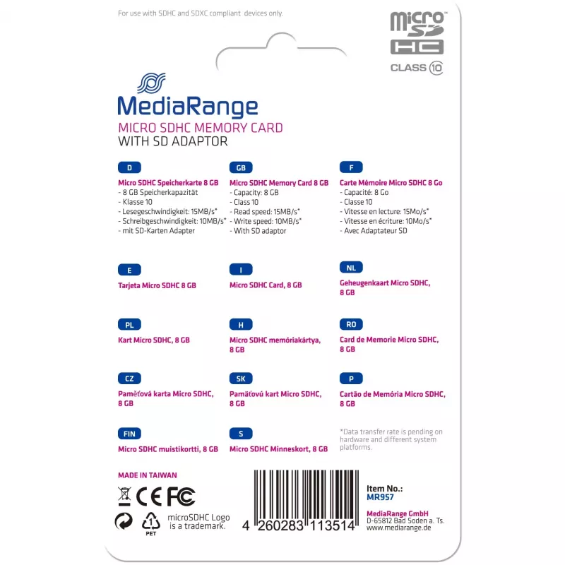„Mediarange“ atminties kortelė „Micro SDHC“ 8GB C10 su adapteriu MR957
