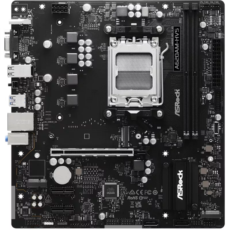 Motininė plokštė ASRock A620AM-HVS Micro ATX — AMD A620A mikroschemų rinkinys, lizdas AM5, DDR5, 2 DIMM, iki 128 GB, HDMI 2.1, M.2 2280
