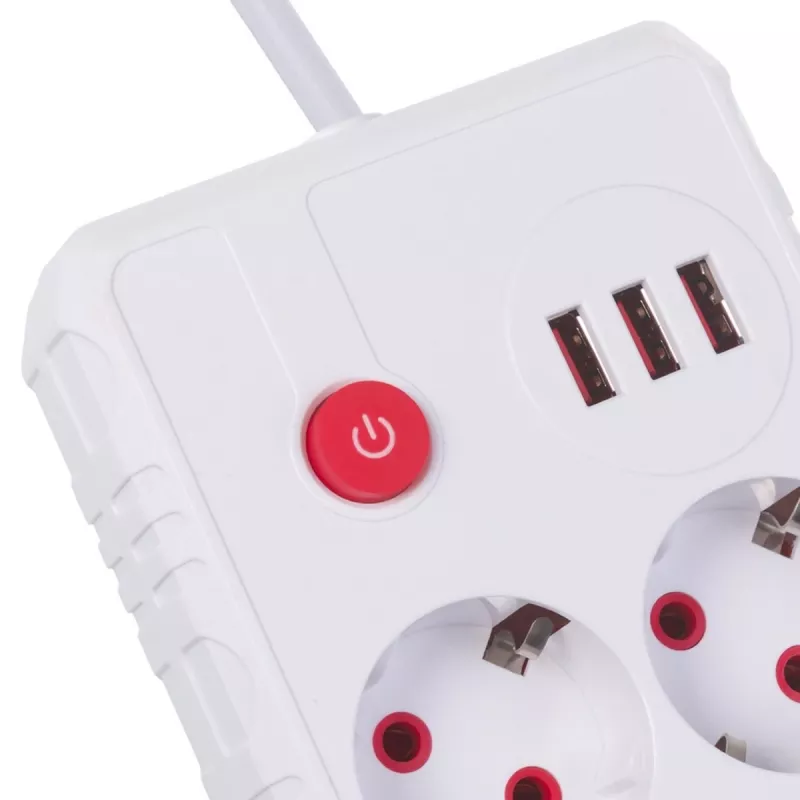 Maitinimo blokas MACLEAN MCE388 W — 2 kištukiniai lizdai, 3×USB, 110–240V, 2500W, 3 m laidas, baltas