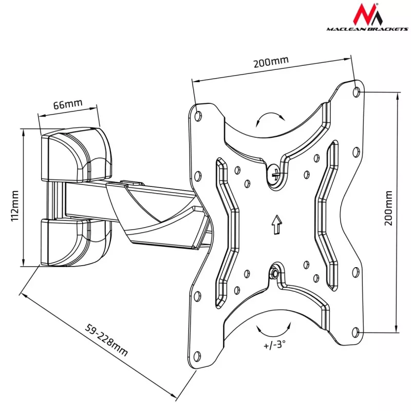 Sieninis TV laikiklis MACLEAN MC-741, 33–106,7 cm (13–42 col.), VESA 75x75–200x200, maks. 25 kg, juodas