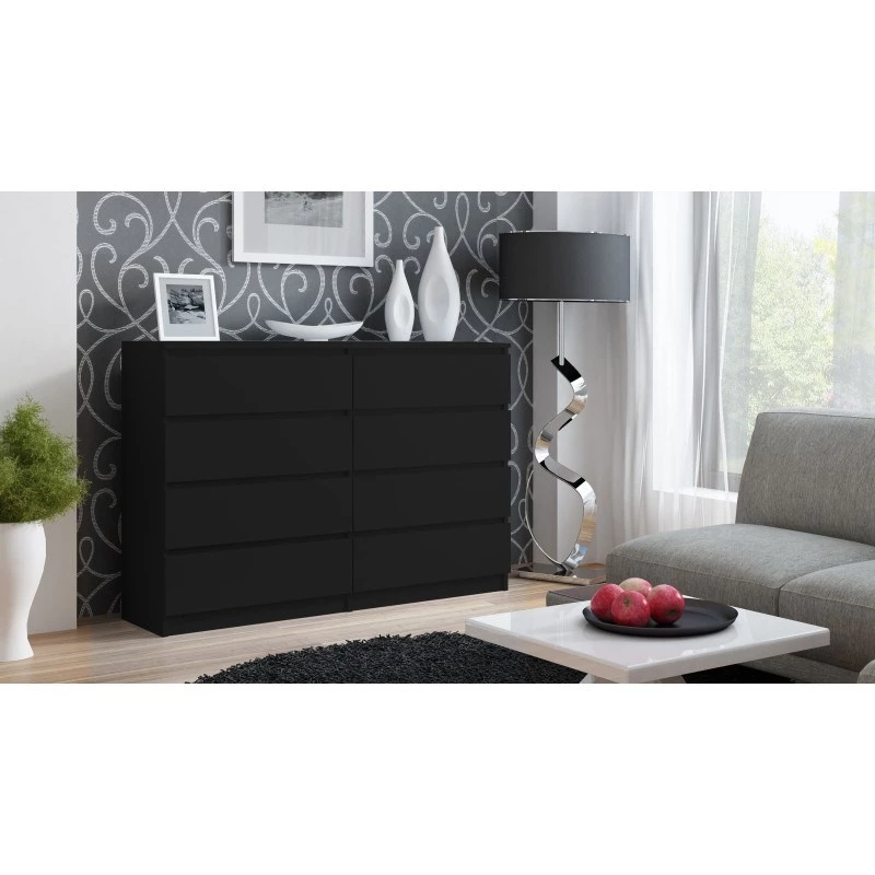 Komoda top e shop M8 140 CZERŃ — 8 stalčių, medžio drožlių plokštė, 1380×400×970 mm, juoda