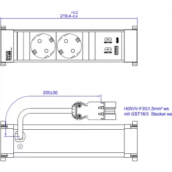 Bachmann POWER FRAME 2xCEE7/3916.7001xUSB A/C 22W 0 2m GST18