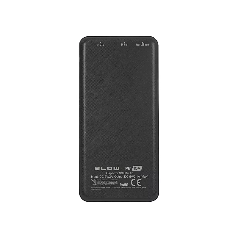 Nešiojamas power bank BLOW PB10A 10000 mAh polimerinė baterija, 2x USB-A išėjimai, 22,5 W bendra galia, Micro‑USB įėjimas, juoda