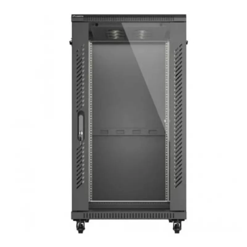 19 colių stelažinė spinta LANBERG 22U 600x1000 mm, juoda, stiklinės priekinės ir galinės durys