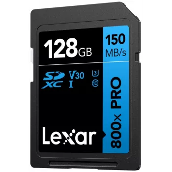 SDXC atminties kortelė Lexar 128GB UHS-I 800xPRO Class 10 U3 V30 — 150 MB/s skaitymas, 45 MB/s rašymas, juoda