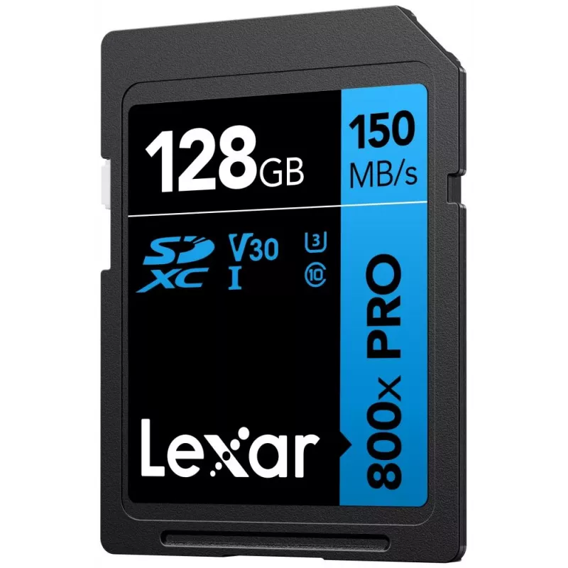 SDXC atminties kortelė Lexar 128GB UHS-I 800xPRO Class 10 U3 V30 — 150 MB/s skaitymas, 45 MB/s rašymas, juoda