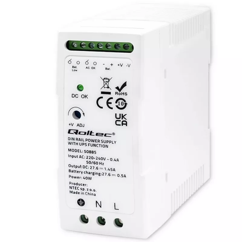 Qoltec 50885 Stabilus DIN bėgio maitinimo šaltinis su UPS funkcija | 40W