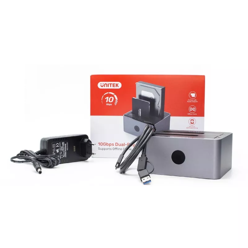 Docking stotelė Unitek 51642 2,5 colio/3,5 colio SATA diskams, USB-C 10Gbps, 2 lizdai, aliuminis