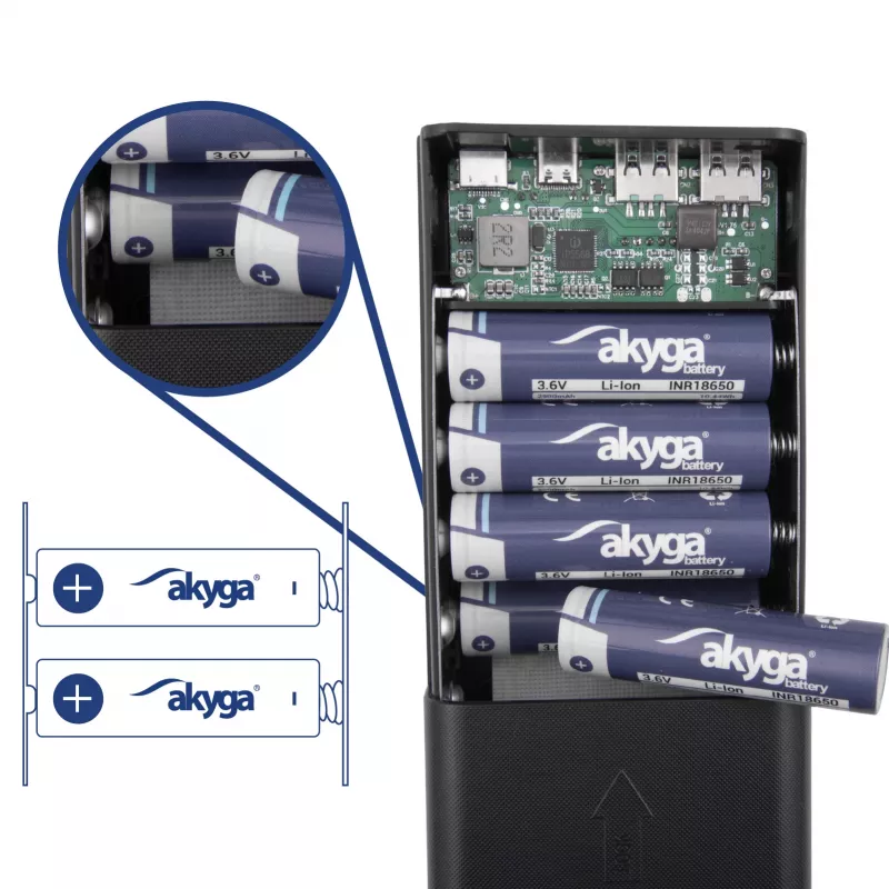 Akyga AK-BC-05 išorinės baterijos korpusas 12x 18650 Li-Ion elementams, 22,5 W, Qi 15 W, USB-C PD + 2x USB-A, LED žibintuvėlis, juodas