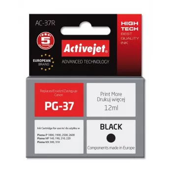 Kasetė spausdintuvui ActiveJet AC-37R suderinama Canon PG-37, juoda, 12 ml, XL talpa, pigmentinė